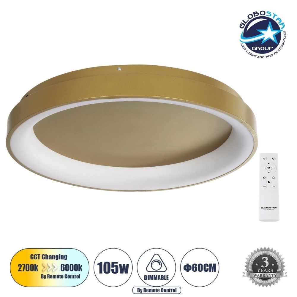 GLOBOSTAR® SALEM 61239 Μοντέρνο Φωτιστικό Οροφής LED 105W 12075lm 120° AC 220-240V IP20 Ρυθμιζόμενο Λευκό CCT με Χειριστήριο από 2700K έως 6000K Dimmable - Lumileds SMD Chip - Χρυσό - Μ60 x Π60 x Υ9.5cm - 3 Χρόνια Εγγύηση